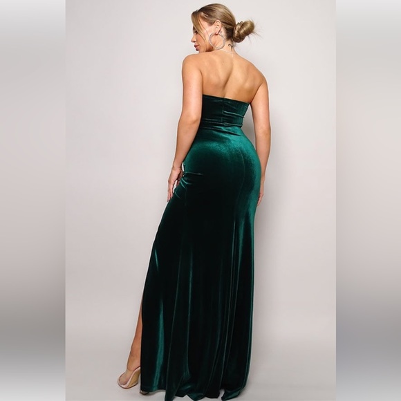 FEW LEFT "A Night to Remember" Strapless Velvet Green High Side Slit Maxi Dress - Picture 5 of 6